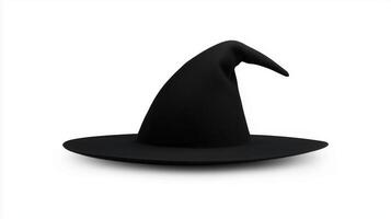 Black Witch Hat Isolated on White Background for Halloween and Spooky Themes, Ideal for Seasonal Promotions and Design Elements in Holiday-Inspired Projects photo