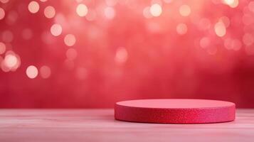 Empty Red Luxury Pedestal with Blurred Lights for Elegant Display and Festive Holiday Decoration Background photo