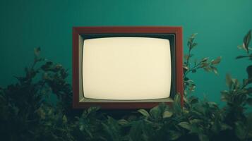 Retro TV in Lush Greenery with Bright Static Screen on Turquoise Background for Vintage Aesthetic Design Inspired by Nostalgic Technology and Nature Harmony photo