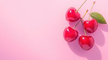 Fresh Cherries Arranged on a Smooth Pink Background with Subtle Shadows Highlighting Vibrant Red Color and Summer Freshness photo