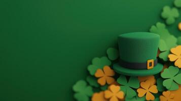 St. Patricks Day Leprechaun Hat on Green Background with Gold Shamrocks for Festive Decoration and Holiday Celebration photo