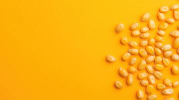 Vibrant Yellow Background with Floating Corn Kernels Showcasing Nutritious Food Concept and Minimalist Design for Health and Agricultural Stock Photography photo