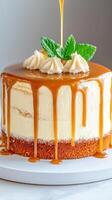 Caramel Drizzle on Vanilla Cake With Mint and Buttercream Close-Up for Culinary Art and Food Photography photo