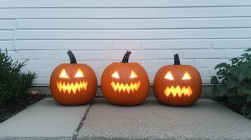 Three Carved Halloween Pumpkins with Glowing Faces on Front Porch Against White Brick Wall at Nighttime photo