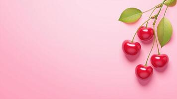 Fresh Cherries on Pink Background with Light Shadows Illustrating Minimalistic Summer Concept in Pop Art Style photo