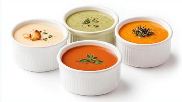 Assorted Pumpkin Soup Varieties Served in White Bowls with Croutons and Fresh Herbs for Autumn Cuisine and Thanksgiving Celebration photo