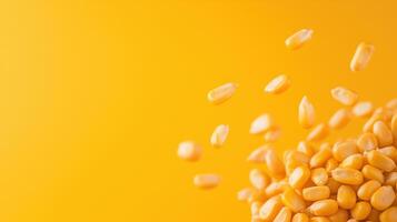 Floating Corn Kernels on Yellow Background Depicting Nutritious Spring Harvest in Vibrant Minimalist Concept photo