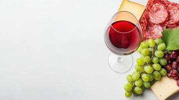 Elegant Cheese and Meat Platter with Wine and Grapes for Festive Occasions with Sliced Salami and White Background for Holiday or Party Setting photo