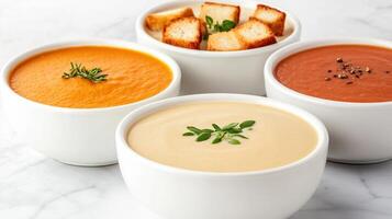 Assorted Pumpkin Soup Servings with Croutons and Fresh Herbs in White Bowls on Marble Surface, Perfect for Autumn and Thanksgiving Celebrations, Highlighting Seasonal Flavors and Cozy Comfort photo