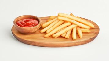 Golden French Fries Served on Wood Platter with Ketchup Bowl, Classic Fast Food Snack, Crispy Texture, Minimalist Presentation, Perfect for Casual Dining and Comfort Food Photography photo
