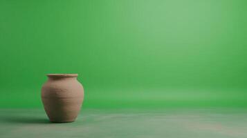 Rustic Clay Vase on Green Background Showcasing Minimalist Design and Earth Tones for Zen Decoration in Modern Interior Spaces photo