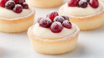 Festive Mini Tarts Dusted with Powdered Sugar Topped with Berries on Creamy Filling Celebrating Holiday Desserts with Elegant Presentation and Soft Focus for Winter Gourmet Culinary Art photo