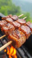 Grilled Meat Skewers Cooking Over Open Fire Barbecue with Blurred Green Forest Background in Summer Outdoor Picnic Scene photo