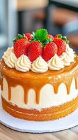 Chef Decorating Caramel Cake with Strawberries and Creamy Frosting Topping for Bakery Display and Culinary Art photo