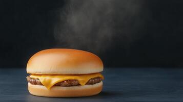 Steamy Cheeseburger on Dark Backdrop Capturing Juicy Melted Cheese and Artisanal Appeal in Moody Atmosphere for Culinary and Gastronomy Photography with a Focus on Gourmet Fast Food Trends photo