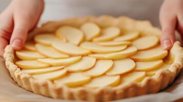 Close-Up of Hands Arranging Fresh Apple Slices on Dough for a Homemade Apple Pie in a Cozy Kitchen Setting Highlighting Baking Techniques and Culinary Creativity in Autumn Season photo