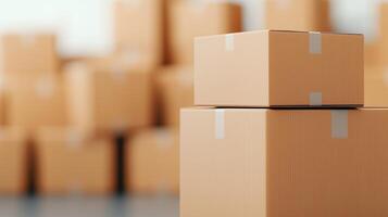 Stack of Delivery Boxes with Branding Featuring Bold Typography on Cardboard Packaging for Shipping and E-commerce Business Concepts in a Warehouse Setting with Focus on Logistics and Supply Chain photo