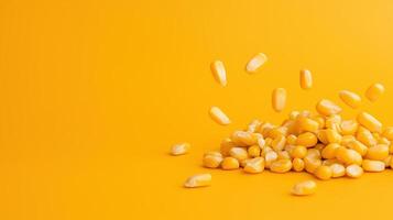 Floating Corn Kernels on Vibrant Yellow Background for Nutritional and Organic Food Themes in Contemporary Stock Photography, Ideal for Healthy Diet Concepts and Creative Graphic Design Projects photo