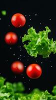 Fresh Green Lettuce and Tomatoes in Super Slow Motion with Probe Lens Highlighting Juicy Vibrant Colors on a Black Background photo
