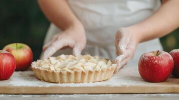 Cinematic Close-Up of Baker Preparing Apple Tart with Flour-Dusted Hands in Rustic Kitchen Setting, Emphasizing Autumn Seasonal Elements and Culinary Artistry for Cozy Cooking Scene photo