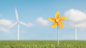 Child Enjoying Nature with Pinwheel and Wind Turbines in Background Representing Sustainable Energy and Green Future photo