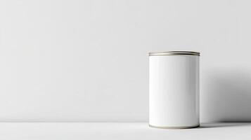 Blank white tin can on a white background with soft shadows. Minimalist product packaging mockup. Design for branding and advertising photo