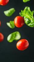 Fresh Green Lettuce and Red Cherry Tomatoes in Super Slow Motion Close Up with Probe Lens Focusing on Vibrant Colors, Textures, and Freshness, a Modern Food Photography Concept photo