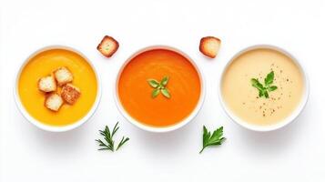 Variety of Pumpkin Soup Servings with Croutons and Fresh Herbs in Bowls for Autumn Seasonal Design and Culinary Presentation photo