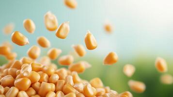 Close-Up of Floating Corn Kernels Against Soft Background, Emphasizing Freshness and Nutritional Value in a Captivating Isolated Scene photo
