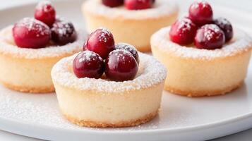 Festive Mini Tarts Dusted with Powdered Sugar and Topped with Fresh Cranberries on White Plate for Holiday Dessert photo