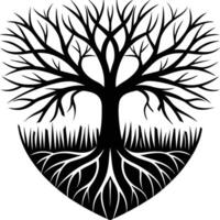 A tree roots forming the shape of a heart silhouette vector