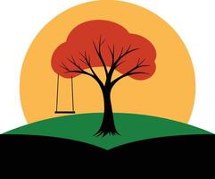 A grassy field with a single tree and a swing illustration vector