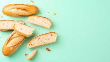 Floating Sliced Baguette with Crumbs on Mint Green Background Highlighting Artisan Bread and Culinary Artistry photo
