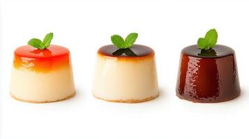 Delicious Flan Puddings Trio with Caramel and Mint Leaves on White Background photo