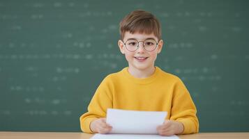 Young Boy in Yellow Sweater Reading Braille at Classroom Desk for Education and Inclusion Scene, Emphasizing Learning, Accessibility, Education and Inclusion in an Academic Environment photo
