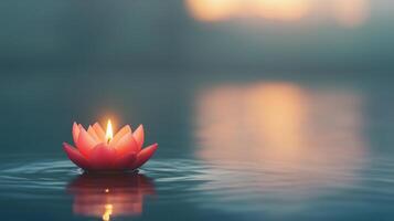 Burning Lotus Candle Floating on Water at Dusk Creates Tranquil Meditation Scene with Reflection and Warm Glow in Peaceful Serenity Highlighting Asian Spiritual Traditions and Rejuvenation photo