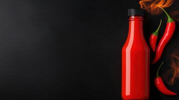Red hot sauce bottle with chili peppers and flame effect on a black background. Spicy food and condiment concept. Design for banner, poster, or advertisement. photo