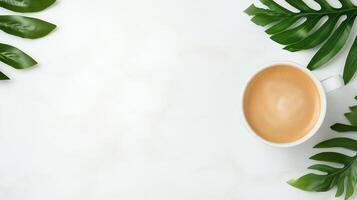 Minimalist Top View Of Coffee Cup With Green Leaves On Marble Background In Flat Lay Style Highlighting Aesthetic And Natural Elements For Relaxation And Inspiration. photo