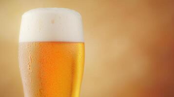 Golden Amber Beer With Foam Head Closeup Against Blurred Background Showcasing Refreshing Cold Beverage Texture And Capturing Summer Vibes In Warm Tones Perfect For Food And Drink Concepts photo