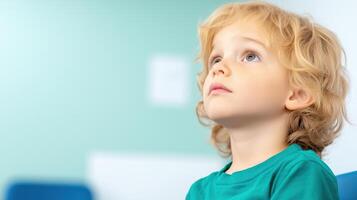Young Child Sitting in Urgent Care Waiting Room Looking Upward with Curiosity and Concern, Illustrating Health Care Services and Pediatric Patient Experience in a Clinical Environment photo