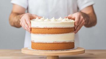 Baker Applying Smooth Cream Frosting to Delicious Layered Cake in Professional Kitchen Setting with Focus on Pastry Craftsmanship and Culinary Artistry for Gourmet Dessert Presentation Photography photo