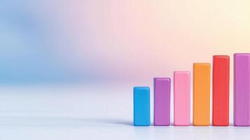 Colorful wooden bar graph blocks arranged in ascending order on a gradient background. Concept of growth and data analysis. photo