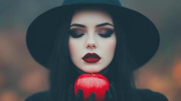 Mysterious Woman Dressed as Witch Holding Red Apple in Enchanting Autumn Forest, Dark Crimson Lips, Black Hat, Halloween Theme, Perfect Blend of Mystery, Magic, and Seasonal Colors, Dreamy Vibe photo