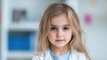 Young Girl With Focused Expression and Long Blonde Hair in Soft Lighting, Expressive Blue Eyes in a Calm Background for Diverse Concepts in Education, Childhood Development, and Emotion Study photo