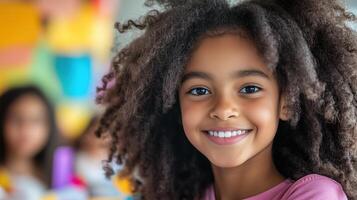 Smiling Child in Creative Workshop Setting with Diverse Team and Colorful Materials Celebrating Creativity and Teamwork photo