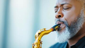 Close-Up Of Mature Man With Gray Beard Playing Saxophone, Focused Expression, Music Performance, Jazz Musician Portrait, Professional Instrumentalist, Soft Background, Passion For Music photo