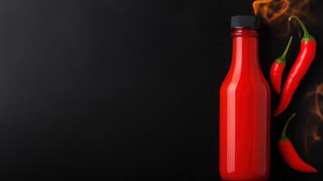 Red Chili Sauce in Glass Bottle with Fresh Red Peppers on Dark Background, Spicy Condiment Concept photo