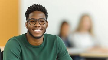 Young Man Smiling in Classroom Setting While Wearing Glasses and Green Sweater with Classmates in Background, Emphasizing Diversity and Education Concepts photo