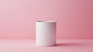 Minimalist Blank White Soup Can on Soft Pink Background for Canned Food Mockup and Modern Product Display in Stock Photography photo
