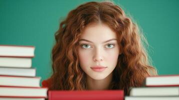 Young Woman with Red Hair Surrounded by Books Against a Green Background, Highlighting Education, Reading, and Literary Ambiance in a Captivating, Minimalist Indoor Portrait, Contemporary Style photo